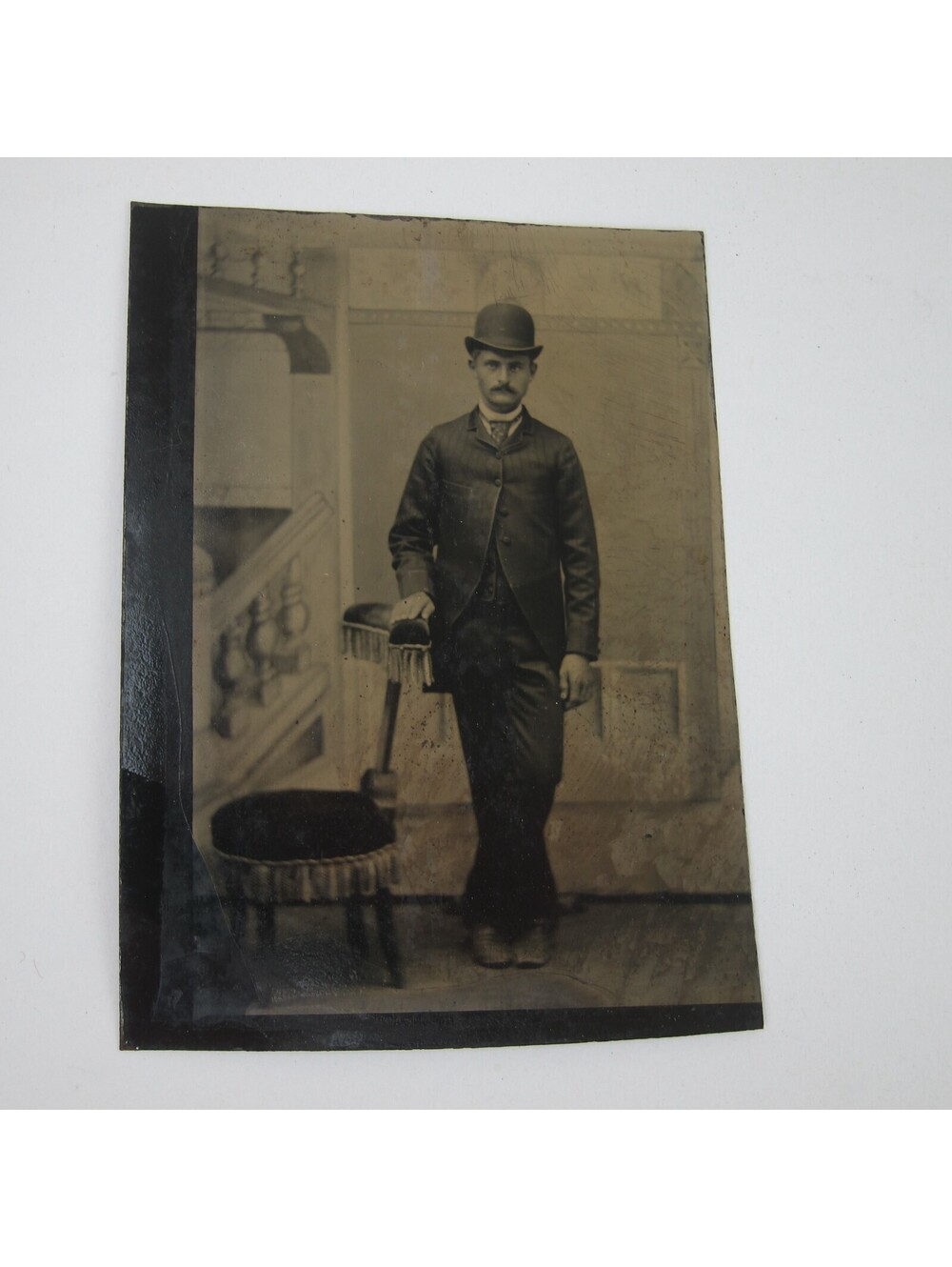 Tintype Photo Young Man in Hat & Suit Stands Next to Chair Antique c 1900